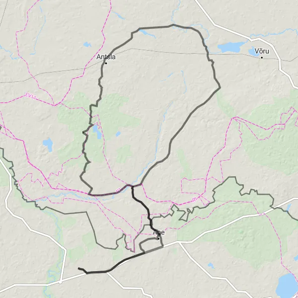 Map miniature of "Dārzciems - Vastse-Roosa - Mäekonnu vaatetorn - Antsla - Sõmerpalu - Sänna - Mõniste - Līzespasts - Dārzciems" cycling inspiration in Latvija, Latvia. Generated by Tarmacs.app cycling route planner