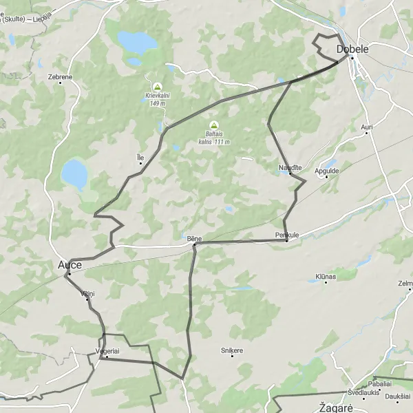 Map miniature of "Dobele-Penkule-Bēne-Vītiņi-Īles sanatorija-Naudītes skolas drupas Road Cycling" cycling inspiration in Latvija, Latvia. Generated by Tarmacs.app cycling route planner