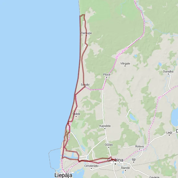 Map miniature of "Grobiņa Coastal Route" cycling inspiration in Latvija, Latvia. Generated by Tarmacs.app cycling route planner