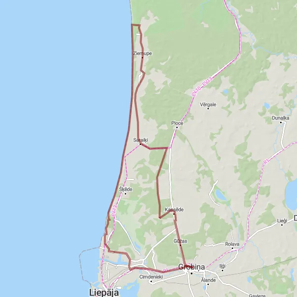 Map miniature of "Gravel Adventure to Karostas ūdenstornis, Ziemupe, Saraiķi, and Kapsēde" cycling inspiration in Latvija, Latvia. Generated by Tarmacs.app cycling route planner