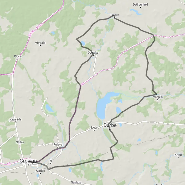 Map miniature of "Challenging Ride to Dunalka, Cīrava, Durbe, and Iļģi" cycling inspiration in Latvija, Latvia. Generated by Tarmacs.app cycling route planner