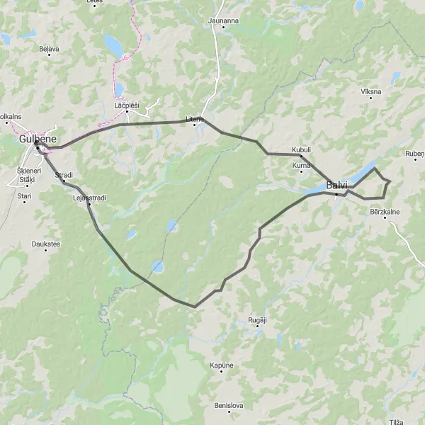 Map miniature of "Gulbene Historical Route" cycling inspiration in Latvija, Latvia. Generated by Tarmacs.app cycling route planner