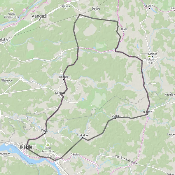 Map miniature of "The Road to Epic Scenery: Ikšķile to Suntaži and Back" cycling inspiration in Latvija, Latvia. Generated by Tarmacs.app cycling route planner