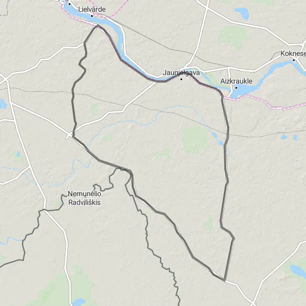 Map miniature of "Jaunjelgava - Birzgale Loop" cycling inspiration in Latvija, Latvia. Generated by Tarmacs.app cycling route planner