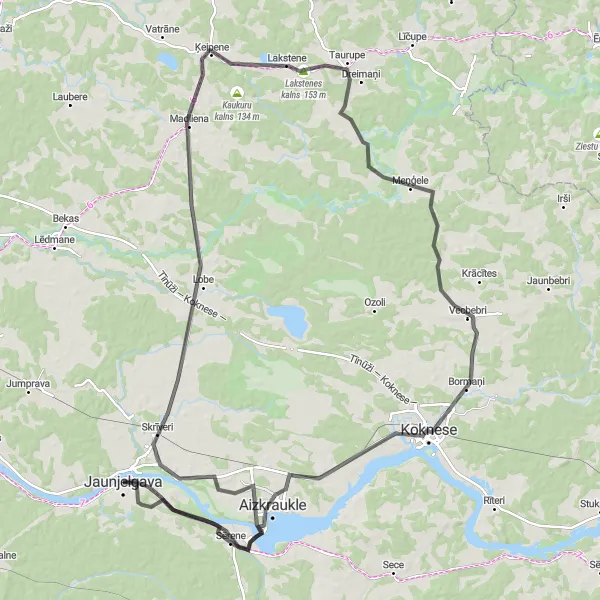 Map miniature of "Jaunjelgava - Aizkraukle Scenic Ride" cycling inspiration in Latvija, Latvia. Generated by Tarmacs.app cycling route planner