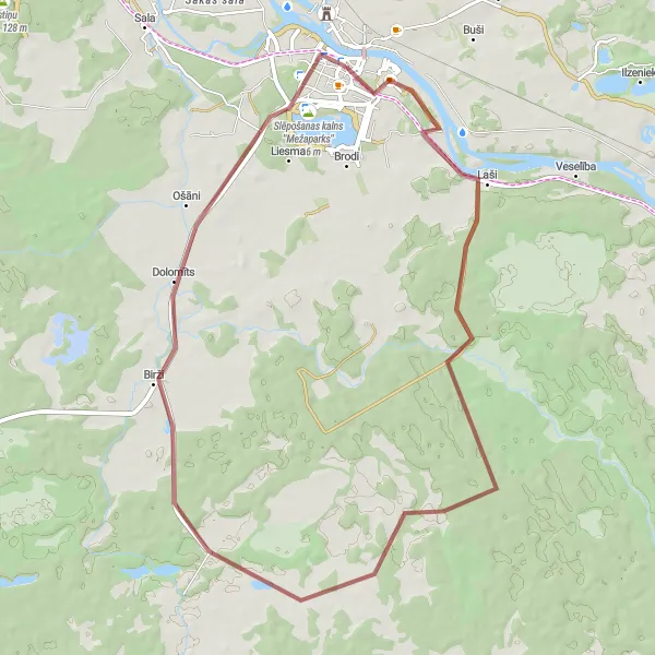Map miniature of "Gravel Loop to Jēkabpils" cycling inspiration in Latvija, Latvia. Generated by Tarmacs.app cycling route planner