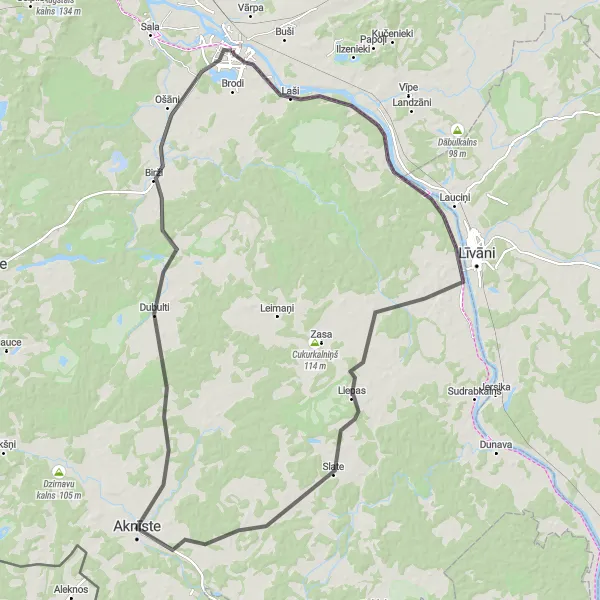 Map miniature of "Jēkabpils Saldes Road Route" cycling inspiration in Latvija, Latvia. Generated by Tarmacs.app cycling route planner