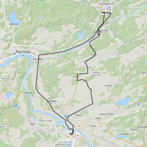 Map miniature of "Jēkabpils Aviācijas pulka Krustpils lidlauks Road Route" cycling inspiration in Latvija, Latvia. Generated by Tarmacs.app cycling route planner