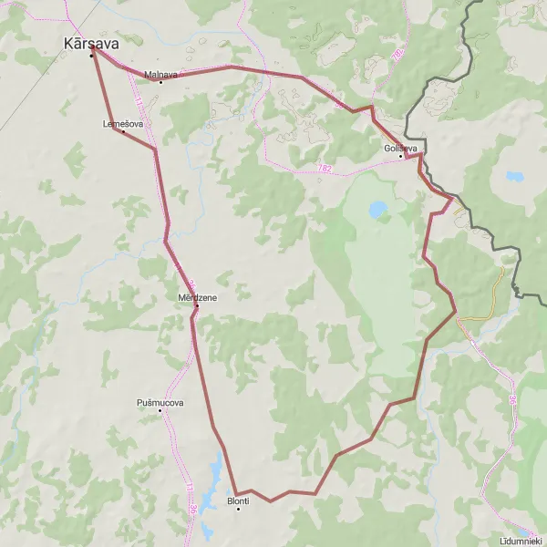 Map miniature of "Gravel Adventure: Kārsava to Blonti" cycling inspiration in Latvija, Latvia. Generated by Tarmacs.app cycling route planner