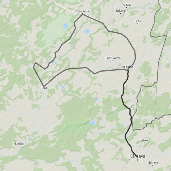 Map miniature of "Countryside Exploration: Kārsava to Bļaši" cycling inspiration in Latvija, Latvia. Generated by Tarmacs.app cycling route planner