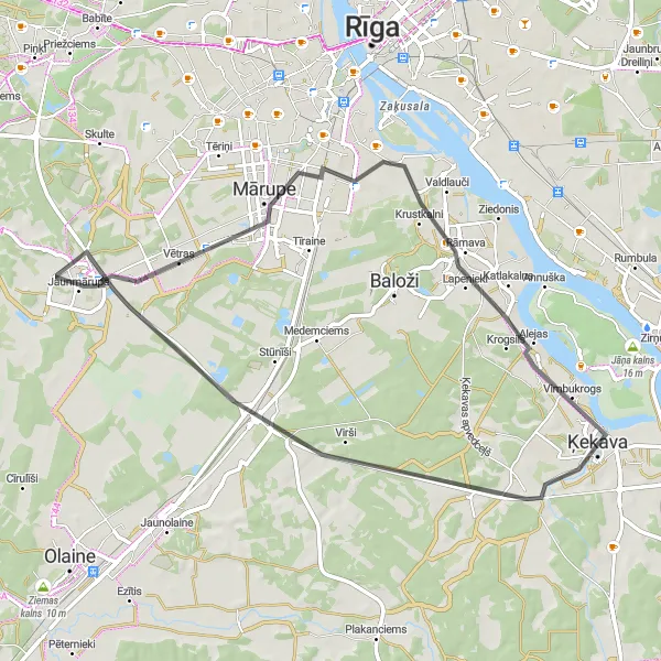 Map miniature of "Scenic Road Cycling in Ķekava" cycling inspiration in Latvija, Latvia. Generated by Tarmacs.app cycling route planner