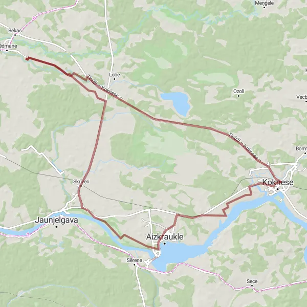 Map miniature of "Koknese to Skrīveri Gravel Ride" cycling inspiration in Latvija, Latvia. Generated by Tarmacs.app cycling route planner