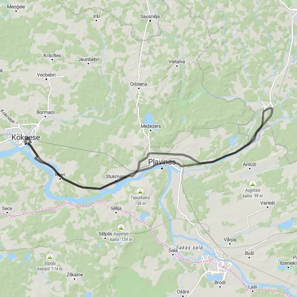 Map miniature of "Koknese to Kriškalni Road Ride" cycling inspiration in Latvija, Latvia. Generated by Tarmacs.app cycling route planner