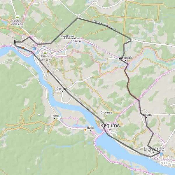 Map miniature of "Lielvārde - Ķegums - Zilais kalns - Ogre" cycling inspiration in Latvija, Latvia. Generated by Tarmacs.app cycling route planner