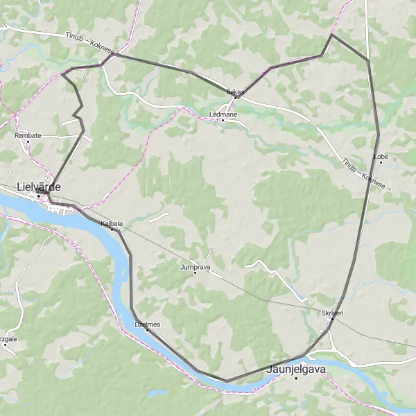 Map miniature of "The Jaunjelgava Road Adventure" cycling inspiration in Latvija, Latvia. Generated by Tarmacs.app cycling route planner