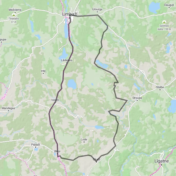 Map miniature of "Lakes and Hills" cycling inspiration in Latvija, Latvia. Generated by Tarmacs.app cycling route planner