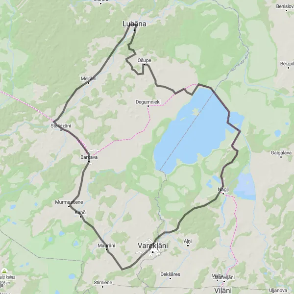 Map miniature of "Relaxing Road Ride near Lubāna" cycling inspiration in Latvija, Latvia. Generated by Tarmacs.app cycling route planner