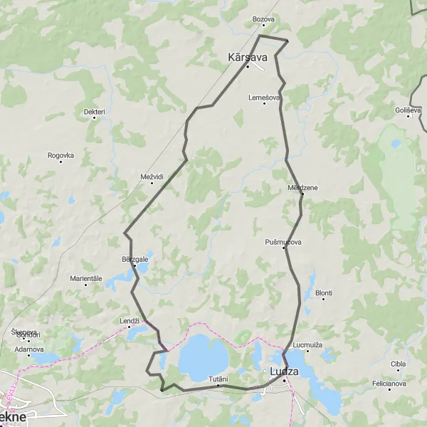 Map miniature of "Bērzgale, Kārsava, Malnava, Mērdzene, and Ludza Road Cycling Route" cycling inspiration in Latvija, Latvia. Generated by Tarmacs.app cycling route planner