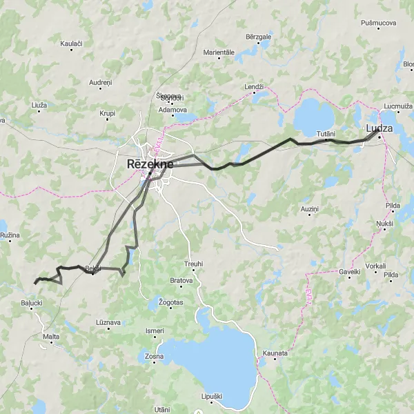 Map miniature of "Road Route through Rezekne, Rēzeknes pilskalns, and Ludza" cycling inspiration in Latvija, Latvia. Generated by Tarmacs.app cycling route planner