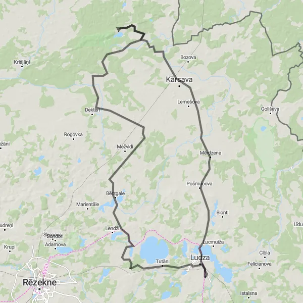 Map miniature of "Road Route through Bērzgale, Kārsava, Mērdzene, and Ludza" cycling inspiration in Latvija, Latvia. Generated by Tarmacs.app cycling route planner