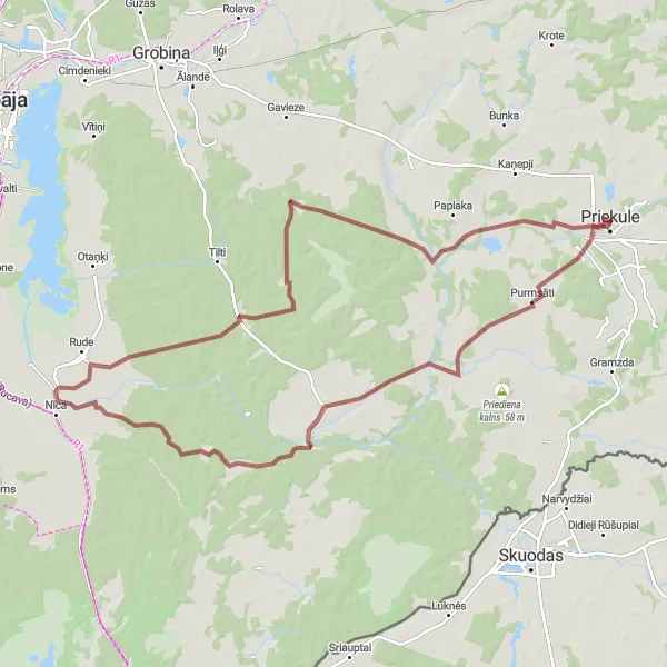 Map miniature of "Priekule to Nīca Gravel Route" cycling inspiration in Latvija, Latvia. Generated by Tarmacs.app cycling route planner