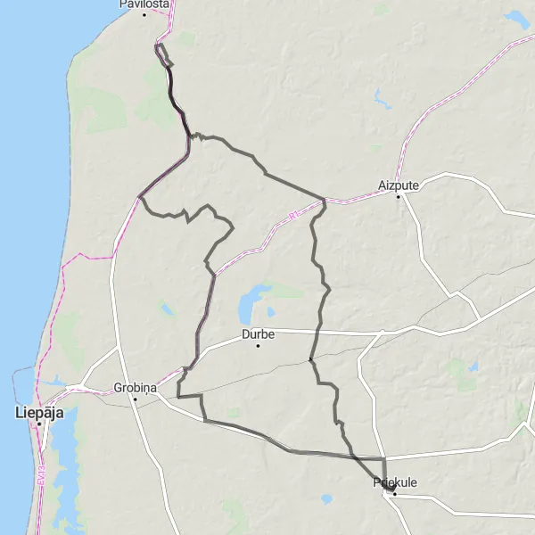 Map miniature of "Coastal Road Adventure through Gavieze, Dunalka and Cīrava" cycling inspiration in Latvija, Latvia. Generated by Tarmacs.app cycling route planner