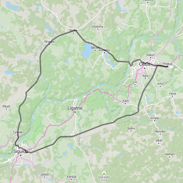 Map miniature of "Road Route: Priekuļi and Cēsis Loop" cycling inspiration in Latvija, Latvia. Generated by Tarmacs.app cycling route planner