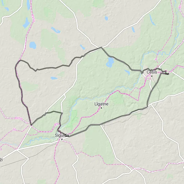 Map miniature of "Road Route: Priekuļi Grand Loop" cycling inspiration in Latvija, Latvia. Generated by Tarmacs.app cycling route planner