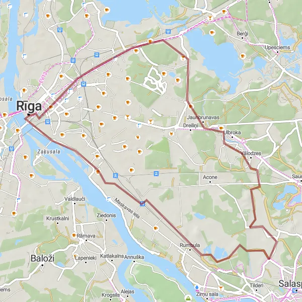 Map miniature of "Teika and Ulbroka Gravel Loop" cycling inspiration in Latvija, Latvia. Generated by Tarmacs.app cycling route planner