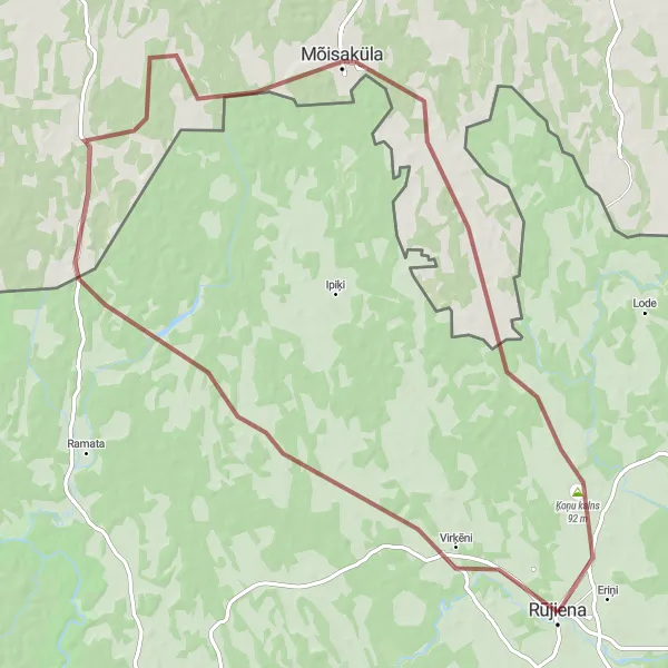 Map miniature of "Rūjiena - Virķēni - Mõisaküla - Laatre - Ķoņu kalns - Rūjiena (Gravel)" cycling inspiration in Latvija, Latvia. Generated by Tarmacs.app cycling route planner