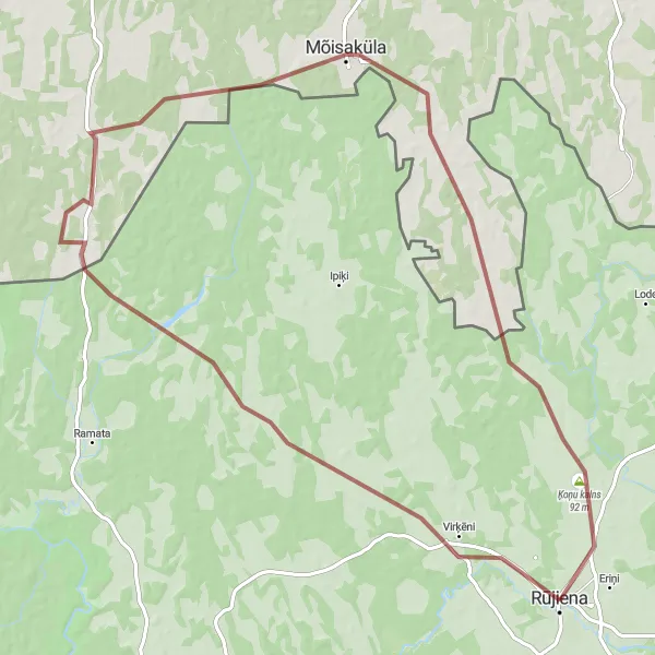 Map miniature of "Rūjiena - Virķēni - Mõisaküla - Laatre - Ķoņu kalns - Rūjiena (Gravel)" cycling inspiration in Latvija, Latvia. Generated by Tarmacs.app cycling route planner