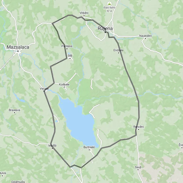 Map miniature of "Rencēni and Rugāju pilskalns Road Cycling Route" cycling inspiration in Latvija, Latvia. Generated by Tarmacs.app cycling route planner