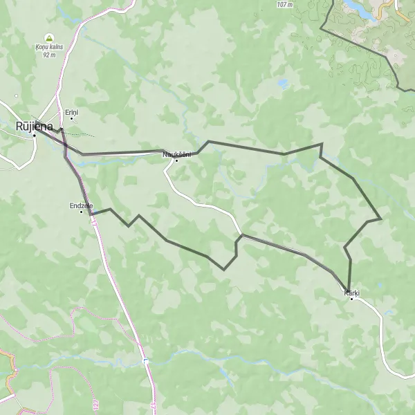 Map miniature of "Rūjiena - Kārķi - Naukšēni - Rūjienas pilsdrupas - Rūjiena (Road)" cycling inspiration in Latvija, Latvia. Generated by Tarmacs.app cycling route planner