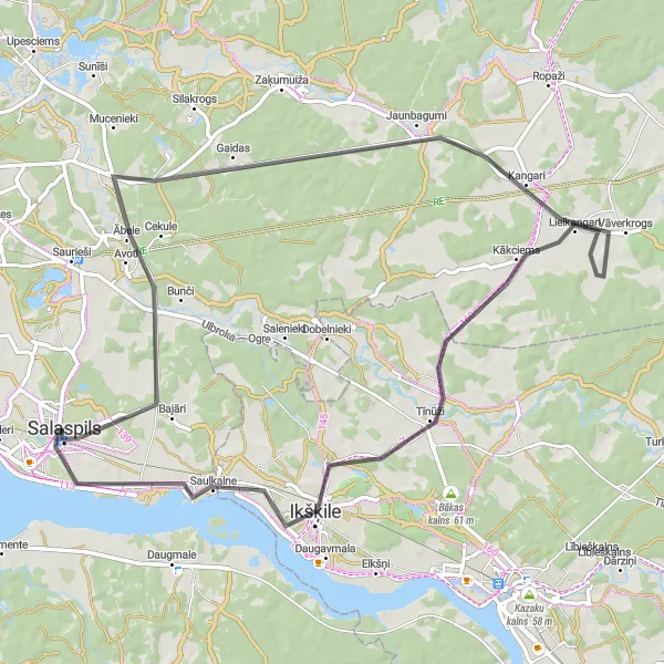 Map miniature of "Salaspils Kurmīškalns Lielkangari Loop" cycling inspiration in Latvija, Latvia. Generated by Tarmacs.app cycling route planner