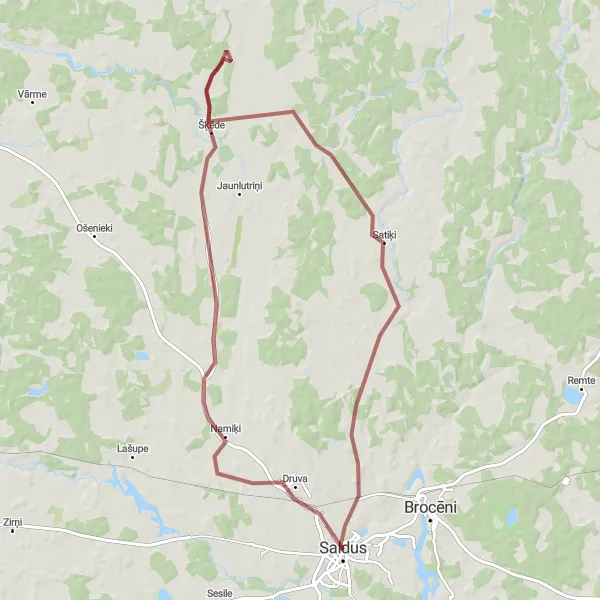 Map miniature of "Saldus - Traktors Staļinecs 80, T100 - Šķēde - Lagzdiņas Cycling Route" cycling inspiration in Latvija, Latvia. Generated by Tarmacs.app cycling route planner