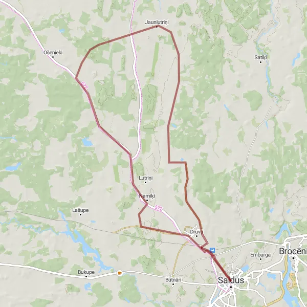 Map miniature of "Saldus - Traktors Staļinecs 80, T100 - Jaunlutriņi - Druva Cycling Route" cycling inspiration in Latvija, Latvia. Generated by Tarmacs.app cycling route planner