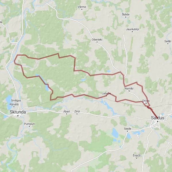 Map miniature of "Saldus to Lutriņi Adventure" cycling inspiration in Latvija, Latvia. Generated by Tarmacs.app cycling route planner
