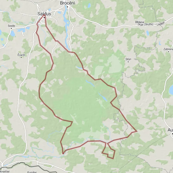 Map miniature of "Saldus to Kurši Gravel Ride" cycling inspiration in Latvija, Latvia. Generated by Tarmacs.app cycling route planner