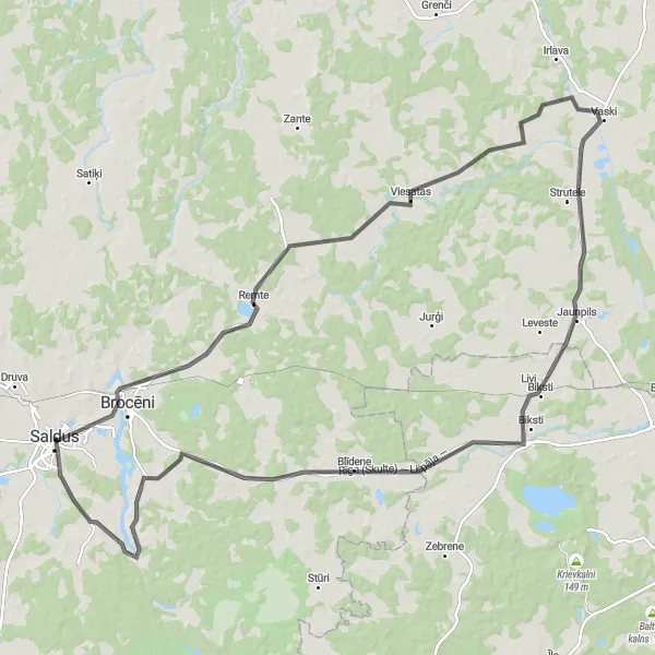 Map miniature of "Saldus - Brocēni - Remte - Snapji - Jaunpils pils - Upenieki - Blīdene - Saldus Cycling Route" cycling inspiration in Latvija, Latvia. Generated by Tarmacs.app cycling route planner