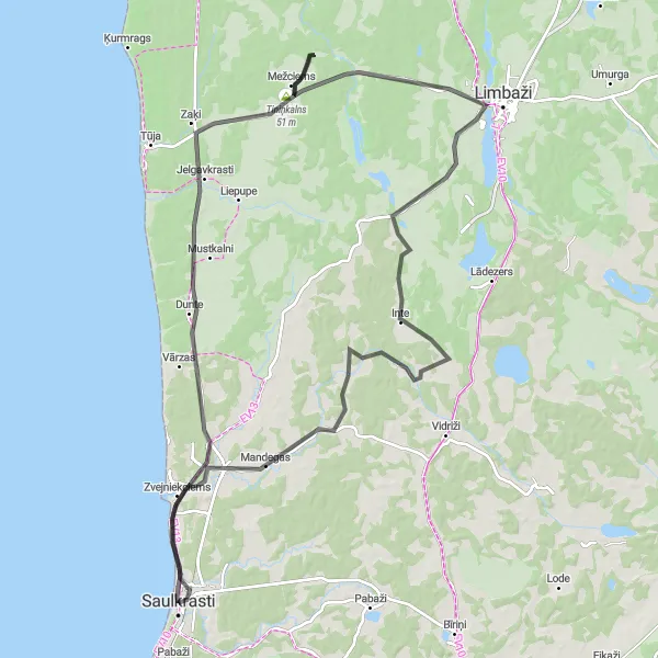 Map miniature of "The Coastal Loop" cycling inspiration in Latvija, Latvia. Generated by Tarmacs.app cycling route planner