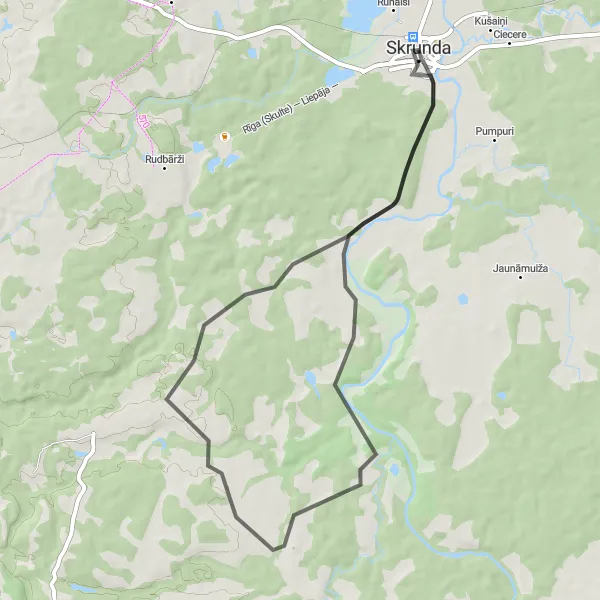 Map miniature of "Skrunda Loop" cycling inspiration in Latvija, Latvia. Generated by Tarmacs.app cycling route planner