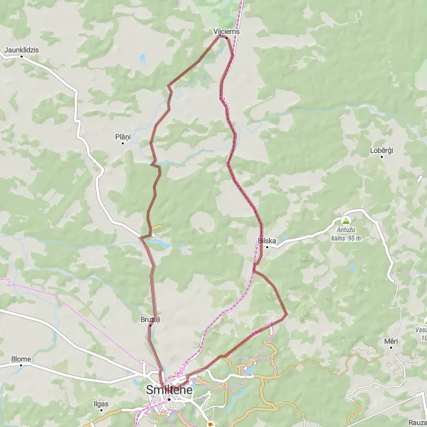 Map miniature of "Tranquil Gravel Ride to Kalnamuiža" cycling inspiration in Latvija, Latvia. Generated by Tarmacs.app cycling route planner