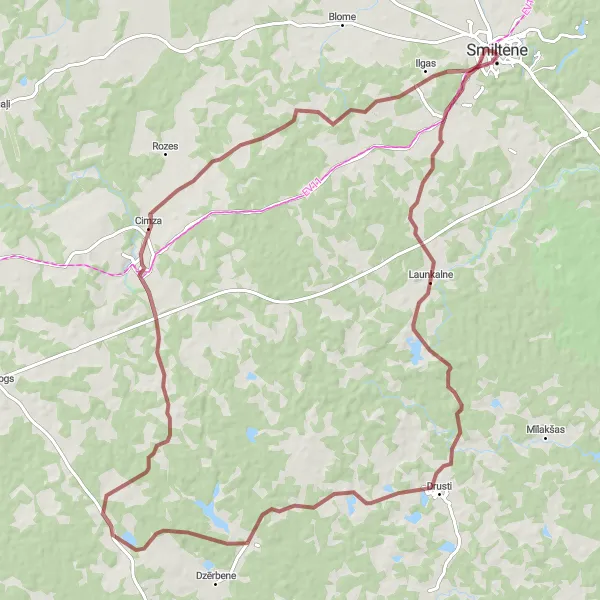 Map miniature of "Gravel Route to Smiltenes Meteorite Crater" cycling inspiration in Latvija, Latvia. Generated by Tarmacs.app cycling route planner