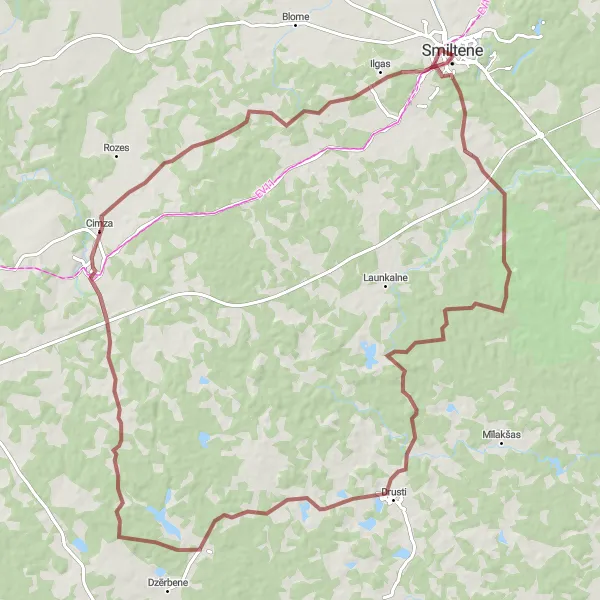 Map miniature of "Rauna Gravel Adventure" cycling inspiration in Latvija, Latvia. Generated by Tarmacs.app cycling route planner