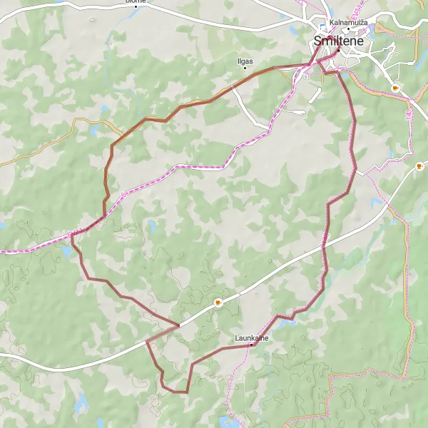 Map miniature of "Gravel Adventure to Kalnamuiža" cycling inspiration in Latvija, Latvia. Generated by Tarmacs.app cycling route planner