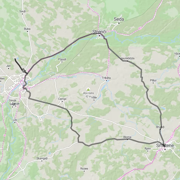 Map miniature of "Road Route - Smiltene to Jāņu kalns" cycling inspiration in Latvija, Latvia. Generated by Tarmacs.app cycling route planner