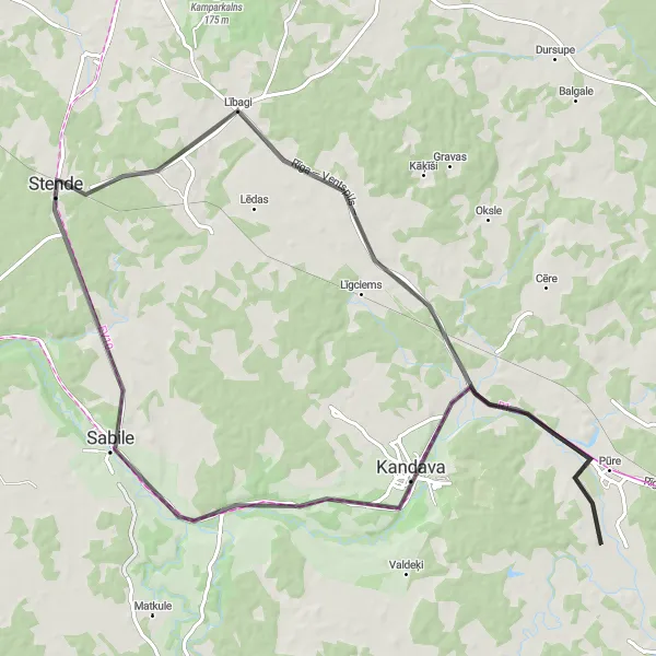 Map miniature of "Stende - Strazde - Meiniķi - Kandava - Sabiles Vīnakalns - Sabile" cycling inspiration in Latvija, Latvia. Generated by Tarmacs.app cycling route planner