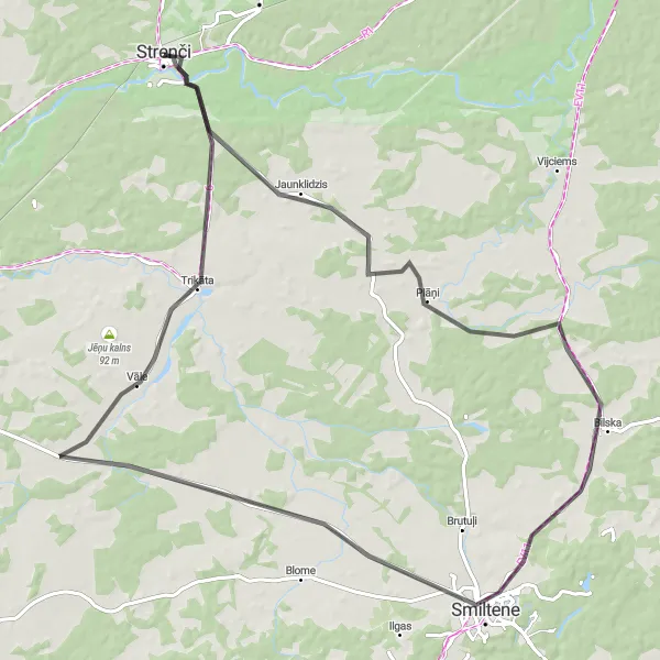 Map miniature of "Scenic Road Tour to Smiltene" cycling inspiration in Latvija, Latvia. Generated by Tarmacs.app cycling route planner