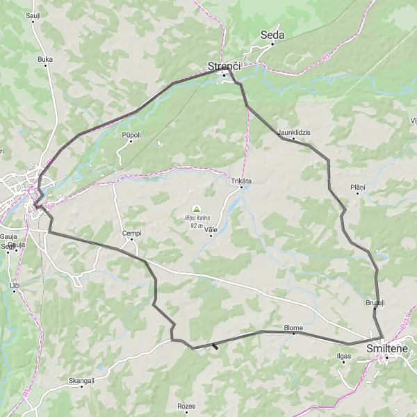 Map miniature of "Valmiera Road Adventure" cycling inspiration in Latvija, Latvia. Generated by Tarmacs.app cycling route planner