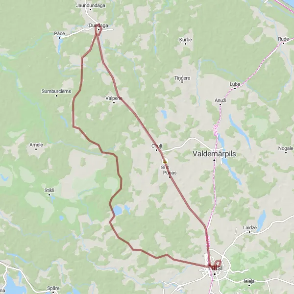 Map miniature of "Talsi to Dundaga Castle Gravel Route" cycling inspiration in Latvija, Latvia. Generated by Tarmacs.app cycling route planner